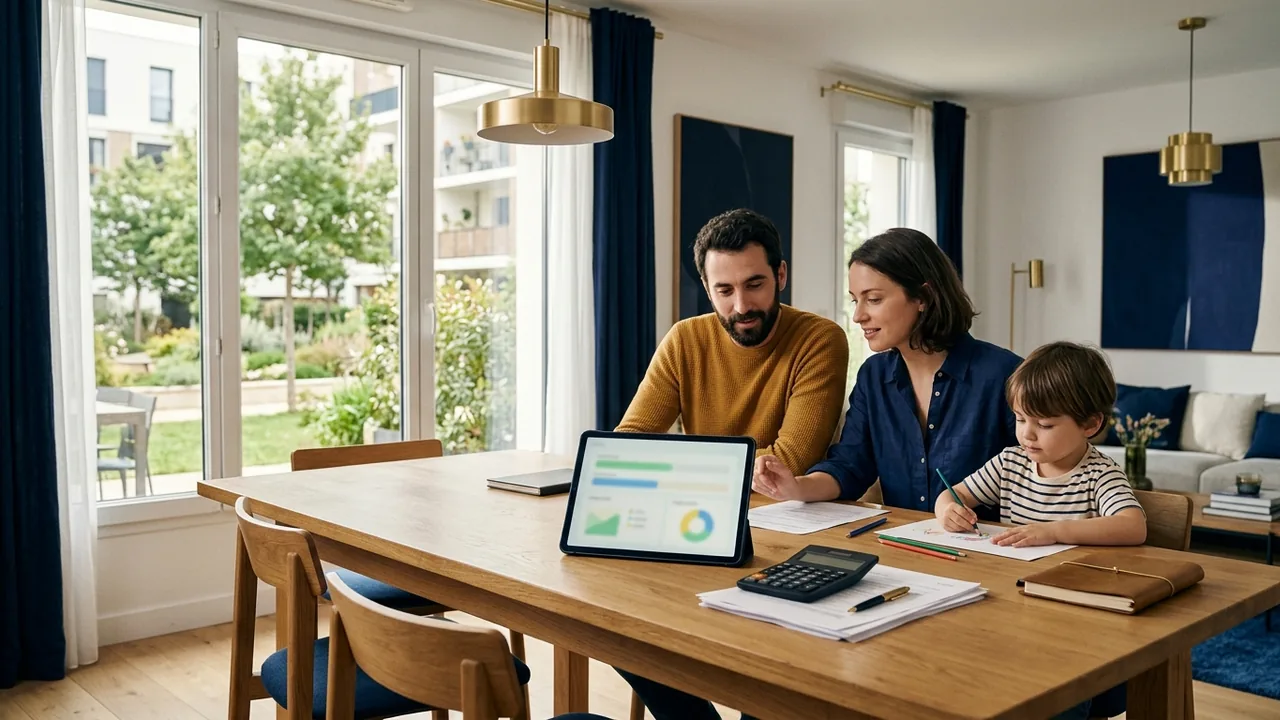 Famille préparant le financement de son achat dans le neuf