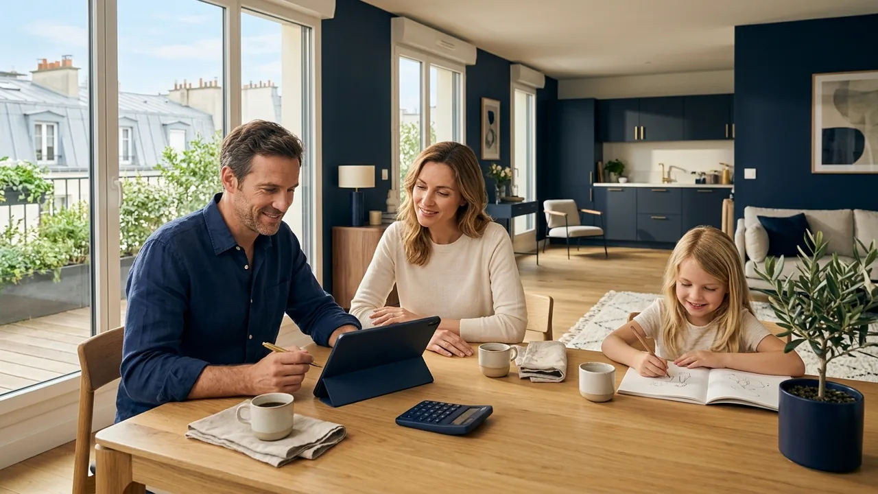 Famille préparant le financement de son achat dans le neuf