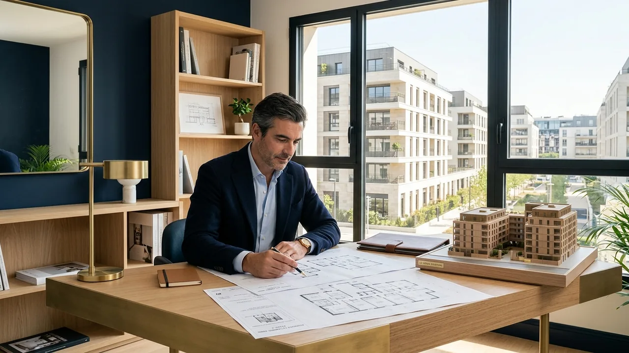 Investisseur étudiant les plans d'un programme immobilier neuf en LMNP