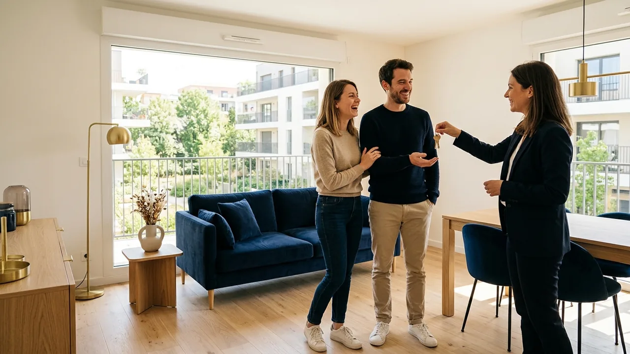 Couple de primo-accédants recevant les clés de leur appartement neuf