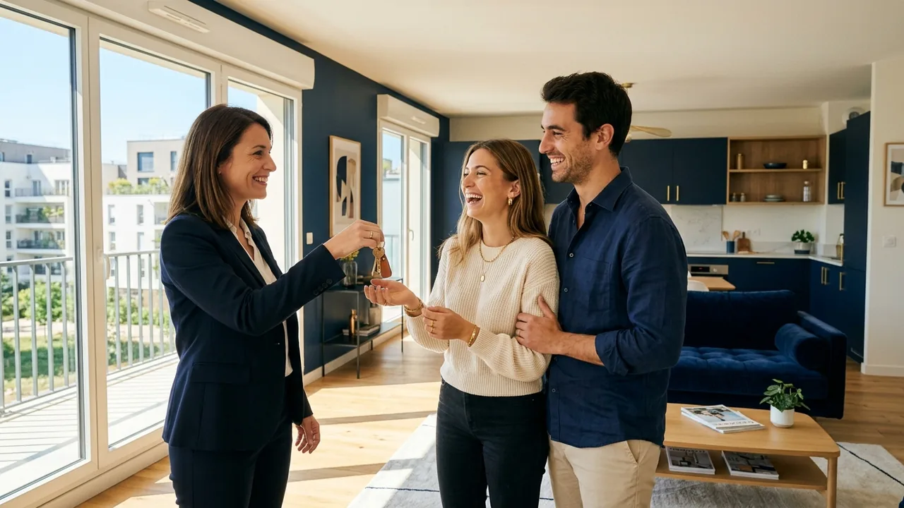 Couple de primo-accédants recevant les clés de leur appartement neuf