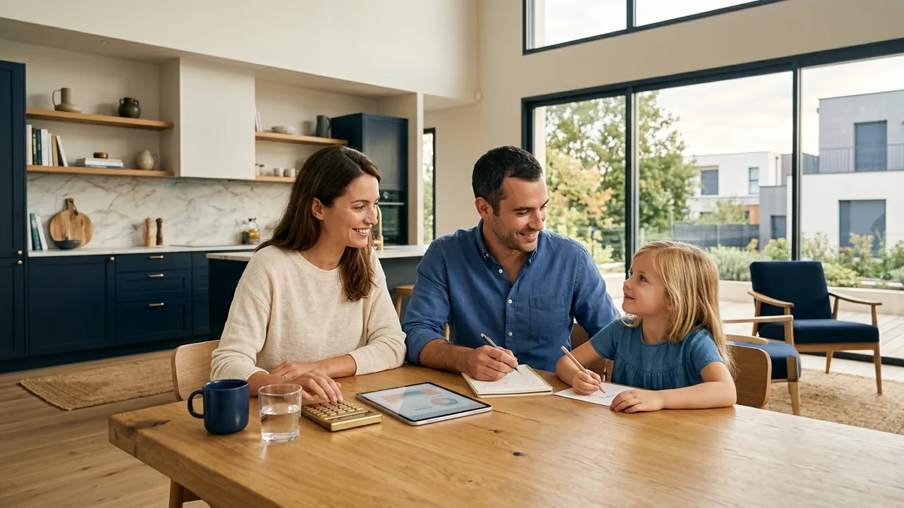 Famille préparant le financement de son achat dans le neuf