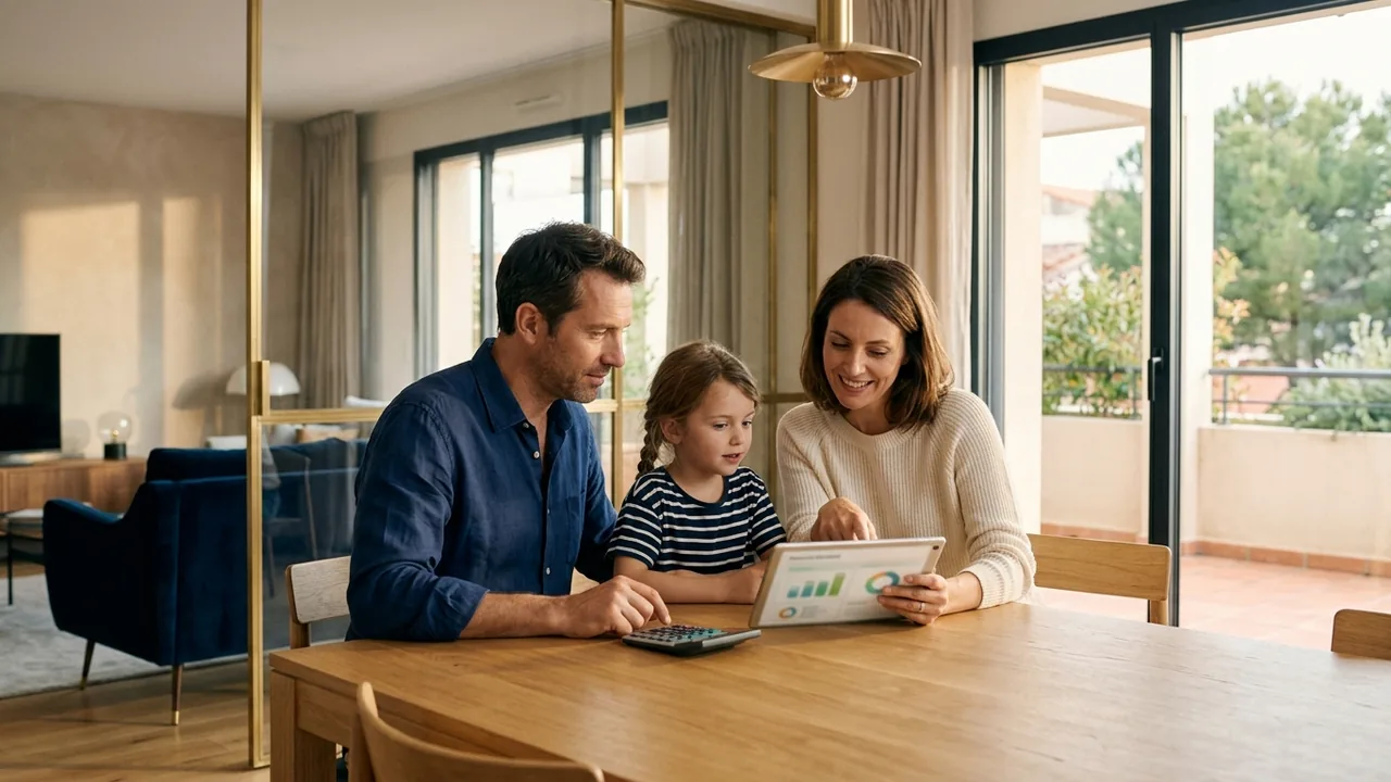 Famille préparant le financement de son achat dans le neuf