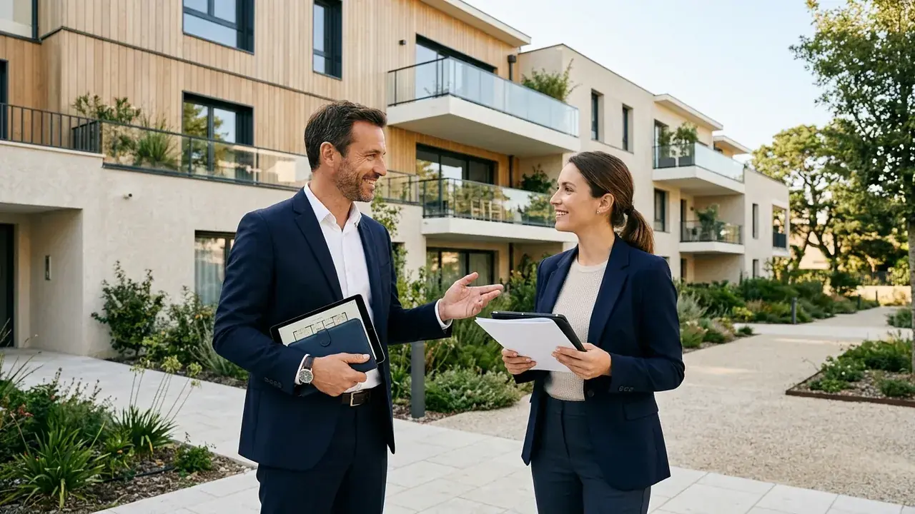 Conseiller et investisseur devant un immeuble neuf en zone tendue