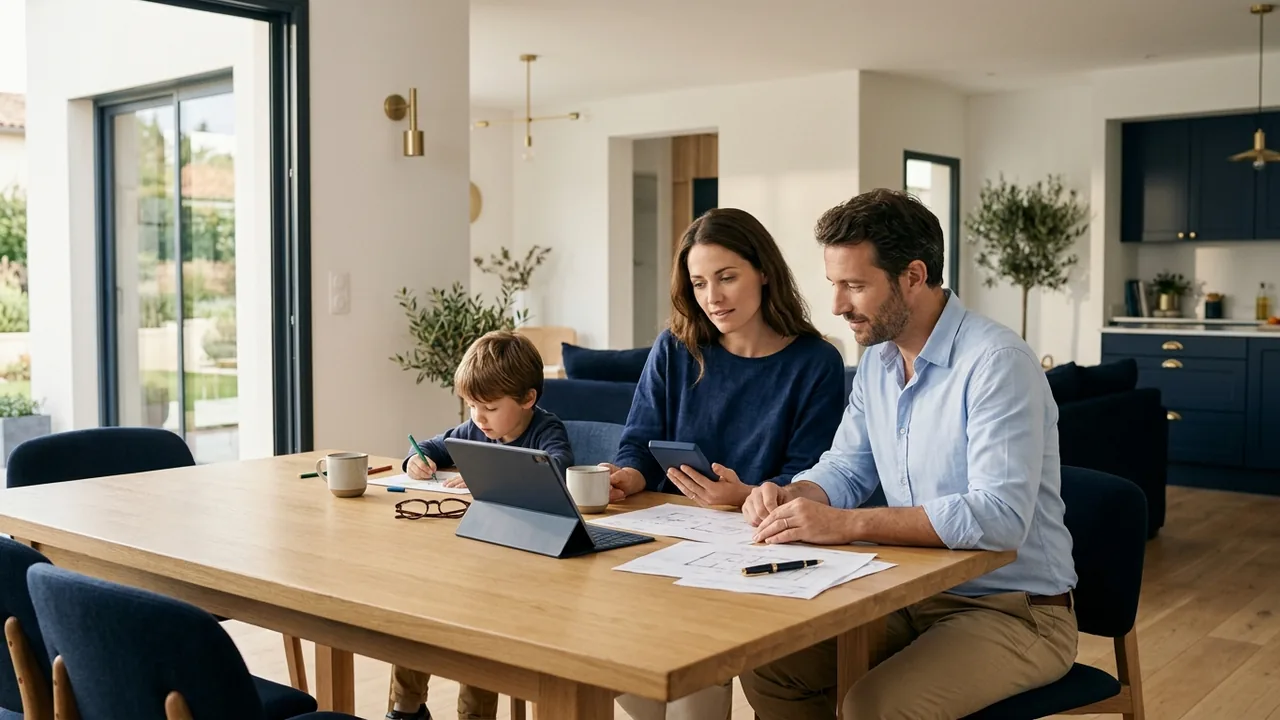 Famille préparant le financement de son achat dans le neuf