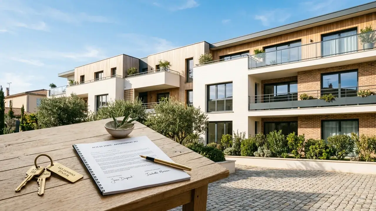Façade d'un immeuble neuf avec clés et contrat signé