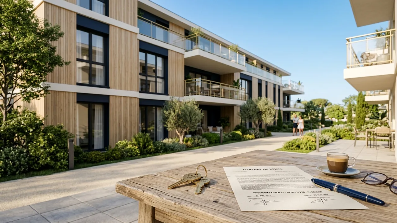 Façade d'un immeuble neuf avec clés et contrat signé