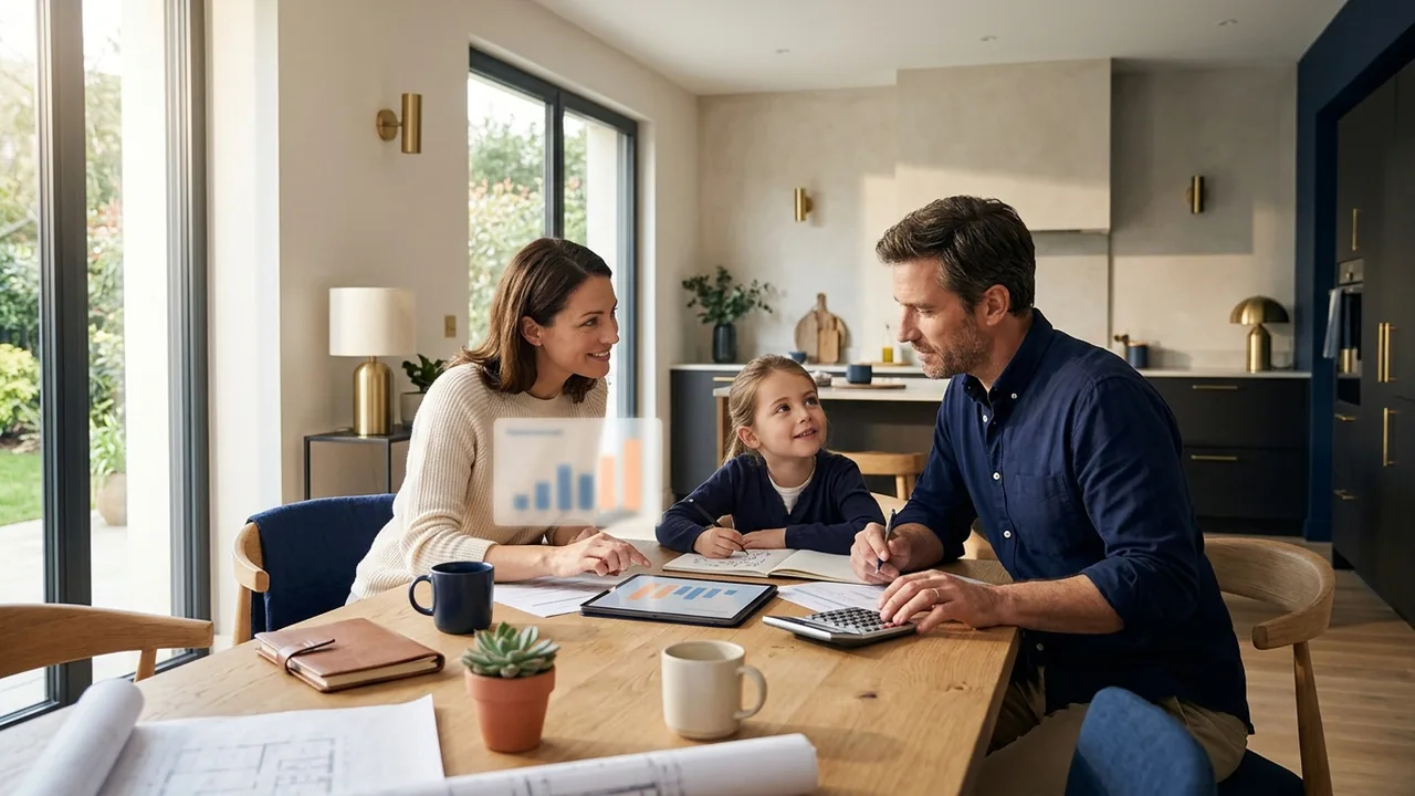 Famille préparant le financement de son achat dans le neuf