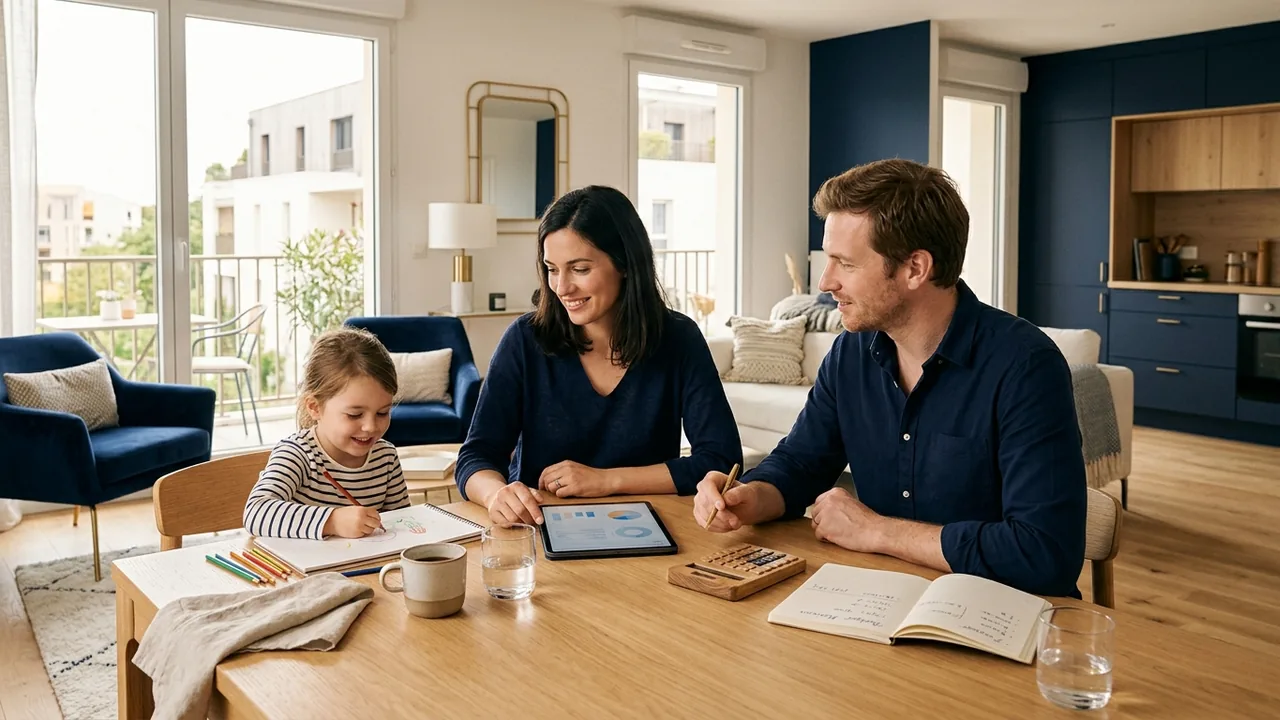 Famille préparant le financement de son achat dans le neuf