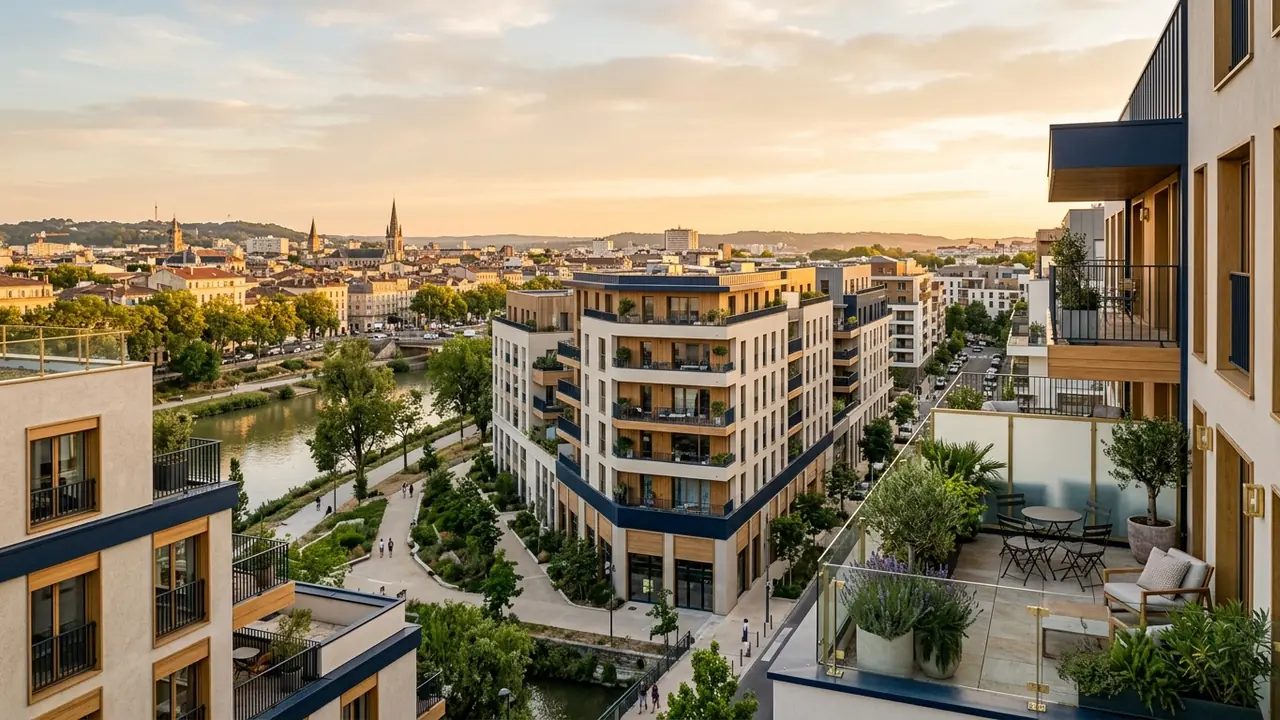 Panoramic view of new-build apartment blocks in a French city
