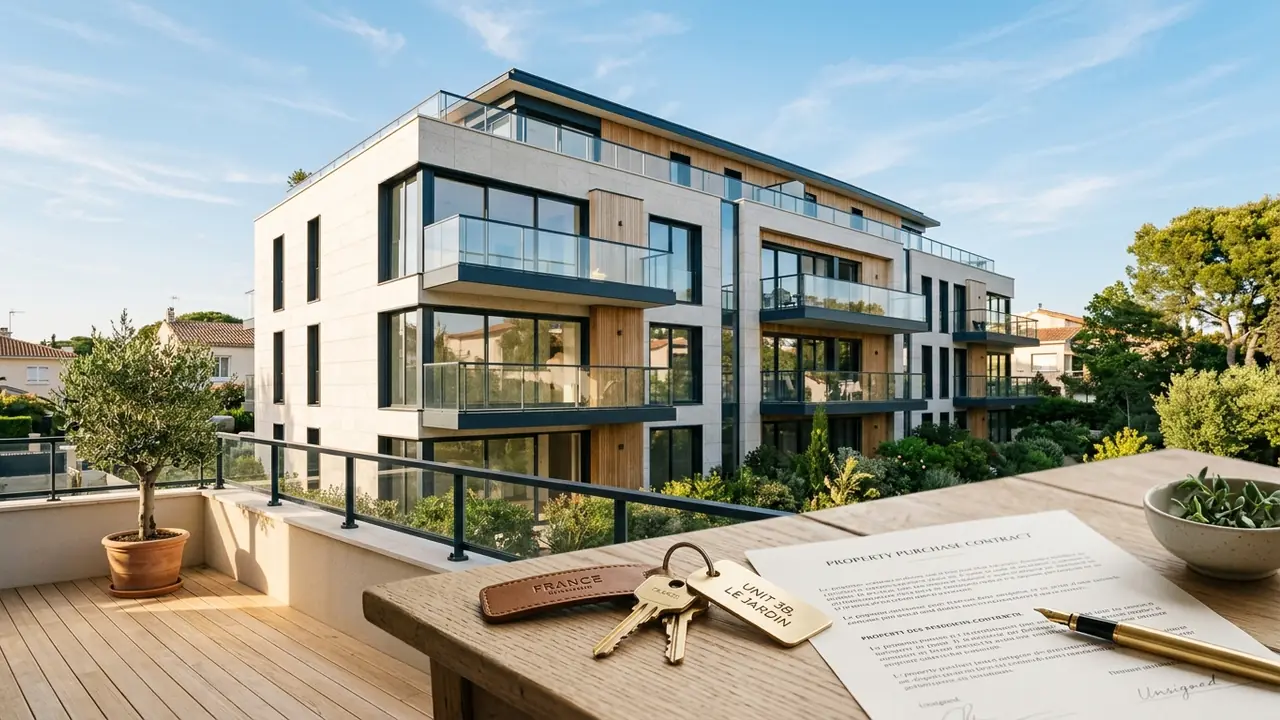 Façade d'un immeuble neuf avec clés et contrat signé