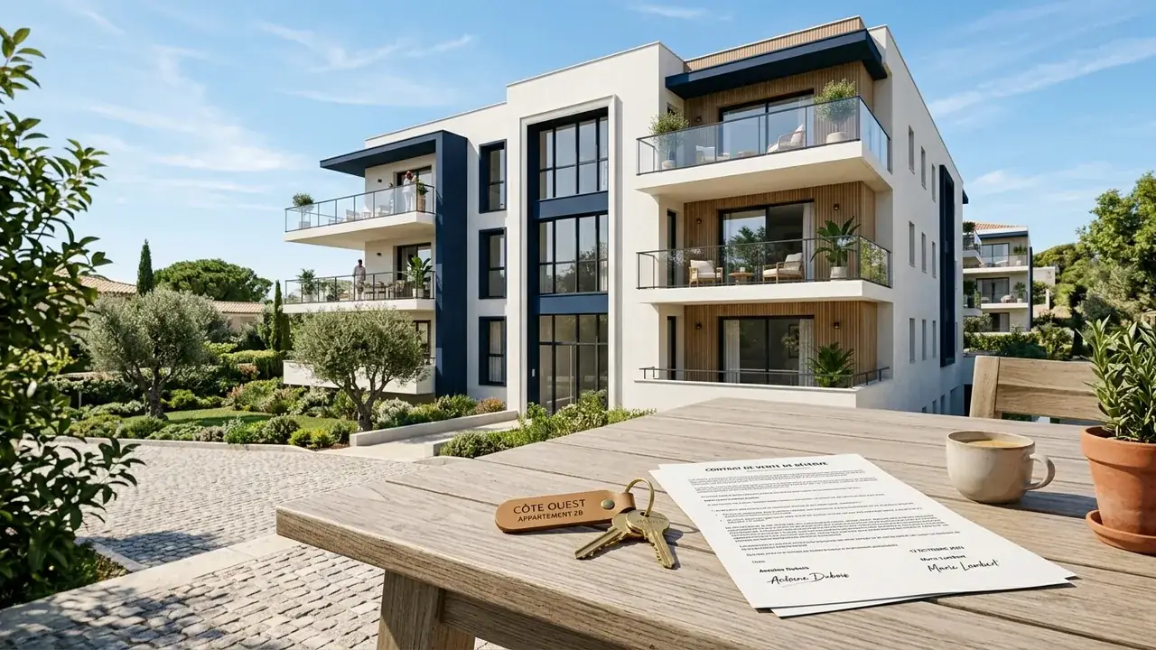 Façade d'un immeuble neuf avec clés et contrat signé