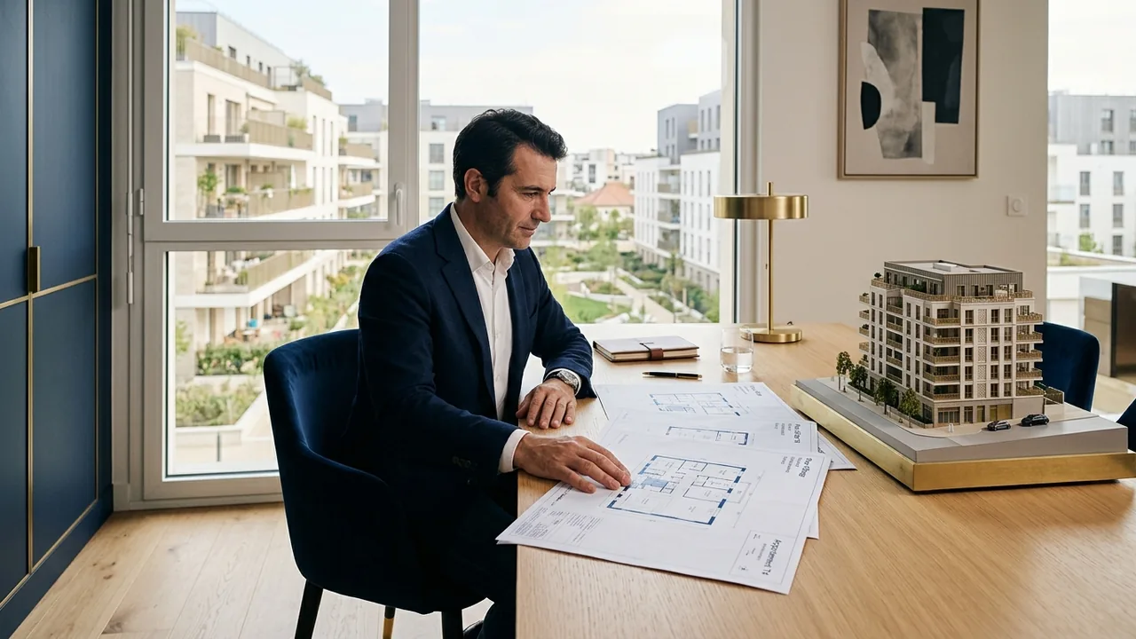 Investisseur étudiant les plans d'un programme immobilier neuf en LMNP