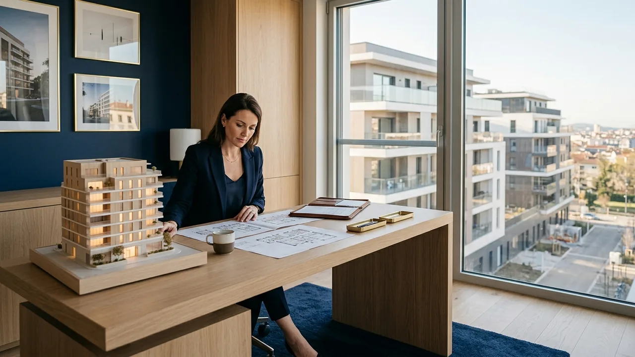 Investisseur étudiant les plans d'un programme immobilier neuf en LMNP