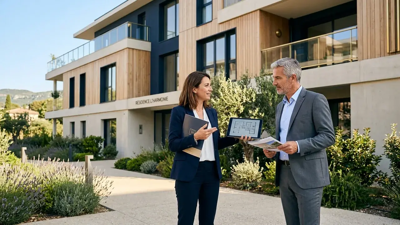 Conseiller et investisseur devant un immeuble neuf en zone tendue