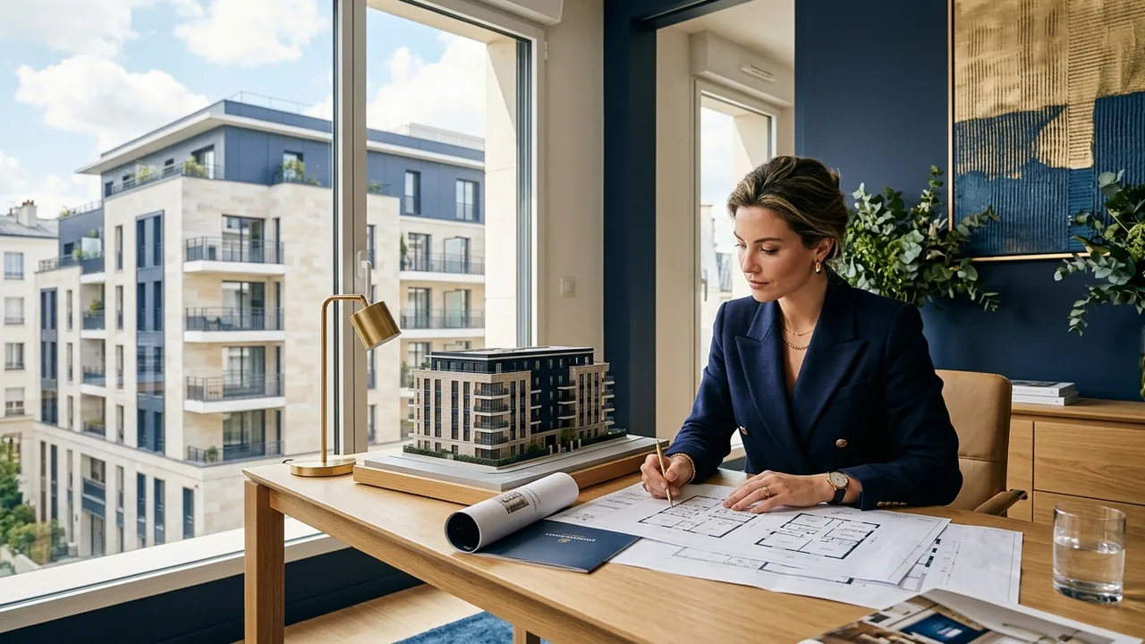 Investisseur étudiant les plans d'un programme immobilier neuf en LMNP