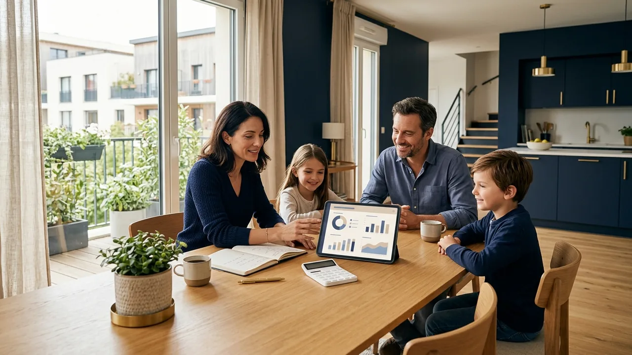 Famille préparant le financement de son achat dans le neuf