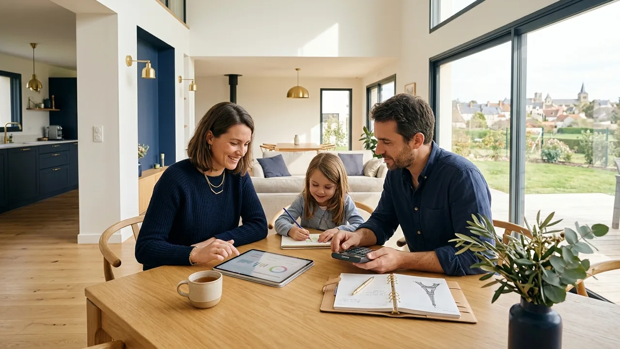 Famille préparant le financement de son achat dans le neuf