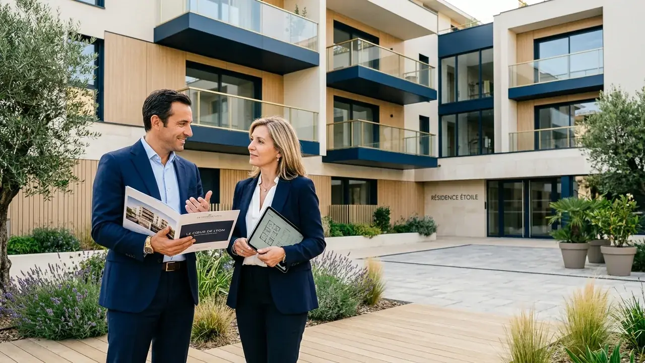 Conseiller et investisseur devant un immeuble neuf en zone tendue