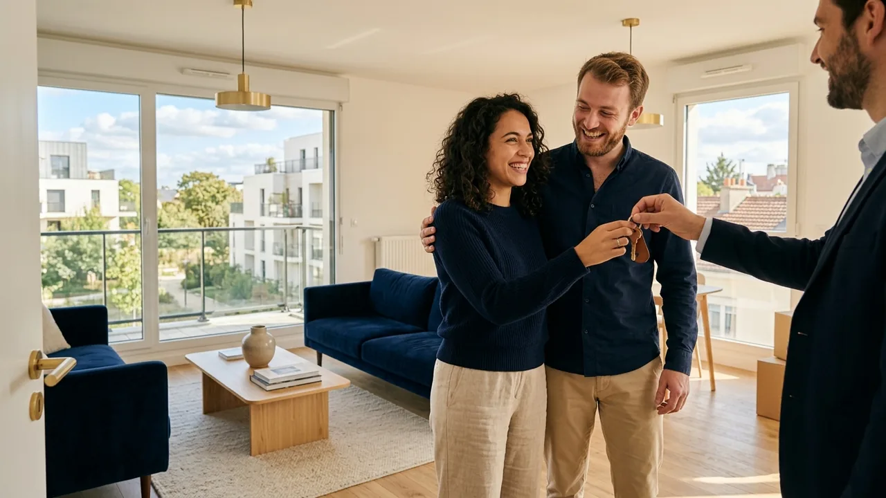 Couple de primo-accédants recevant les clés de leur appartement neuf