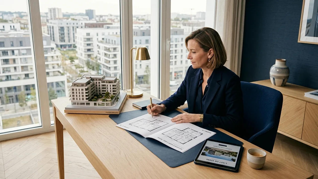 Investisseur étudiant les plans d'un programme immobilier neuf en LMNP