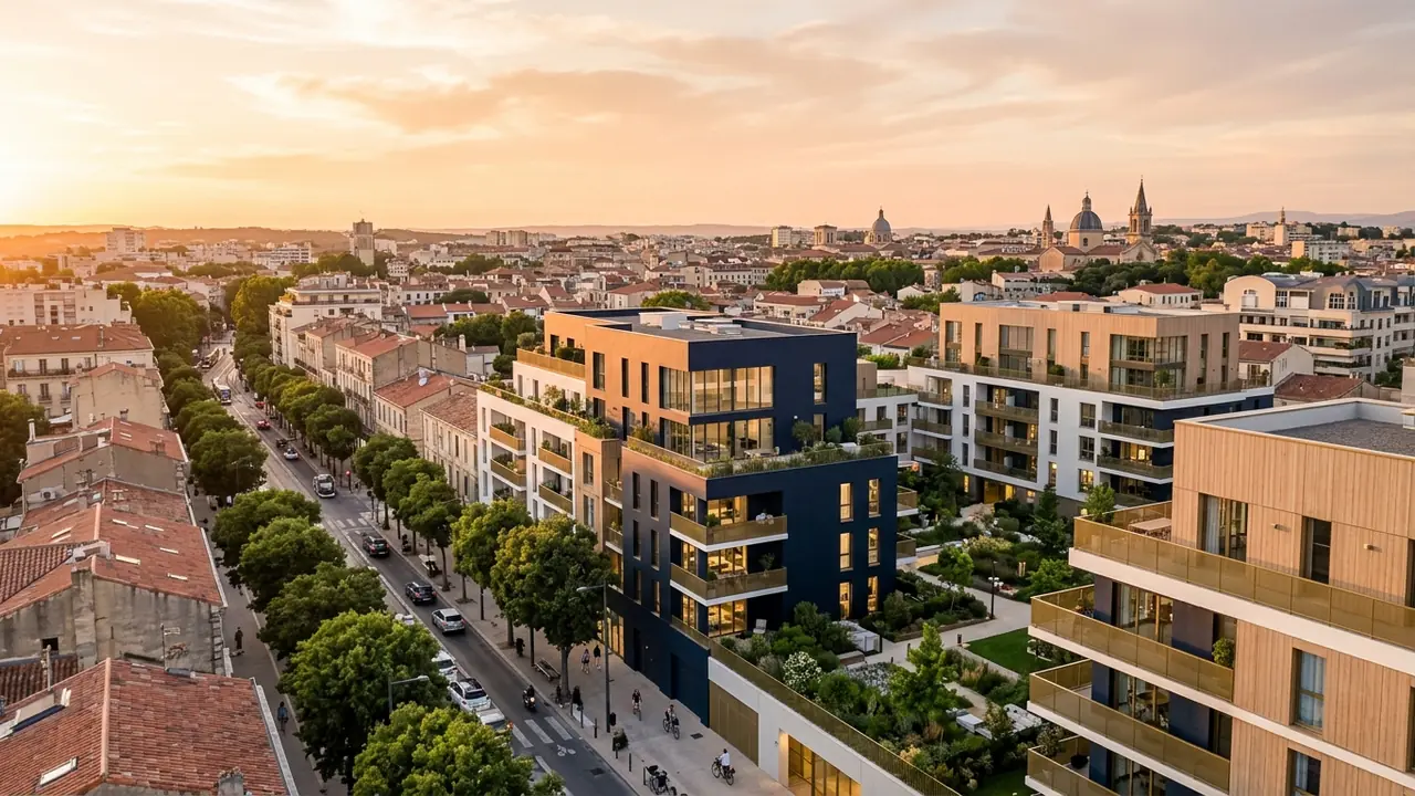Panoramic view of new-build apartment blocks in a French city