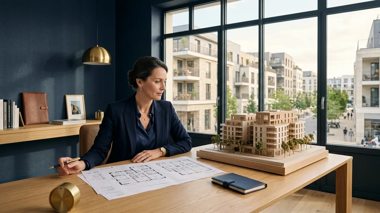 Investisseur étudiant les plans d'un programme immobilier neuf en LMNP
