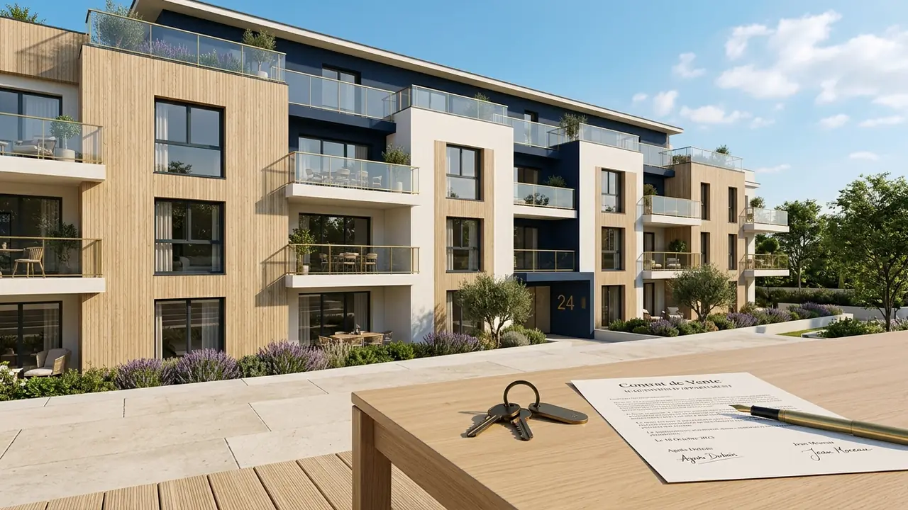 Façade d'un immeuble neuf avec clés et contrat signé