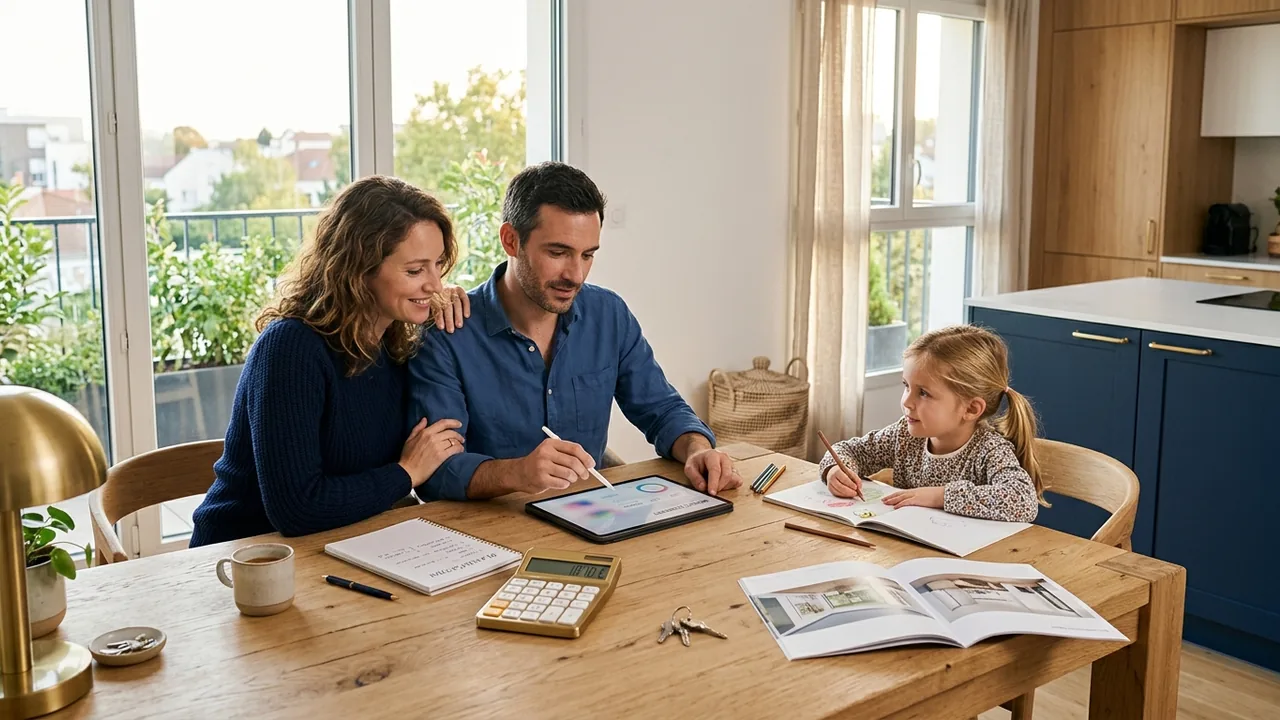 Famille préparant le financement de son achat dans le neuf