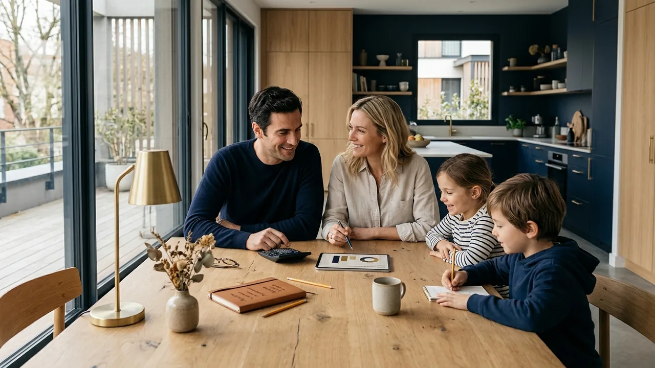 Famille préparant le financement de son achat dans le neuf