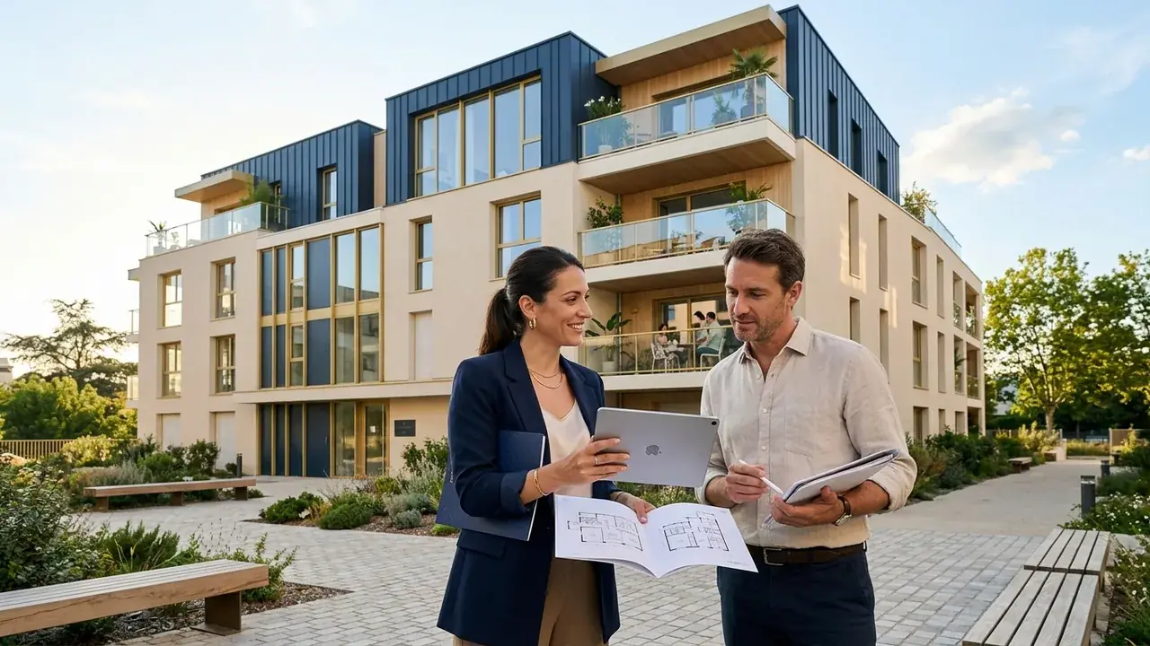 Conseiller et investisseur devant un immeuble neuf en zone tendue